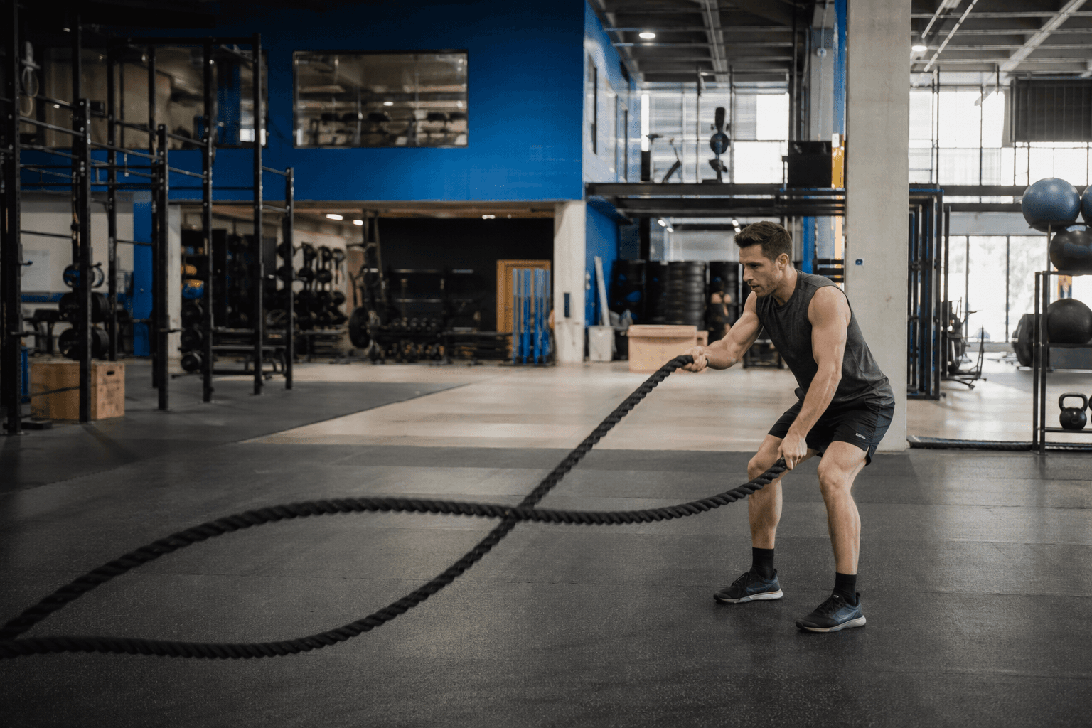 Athlete training with battle ropes in a modern gym