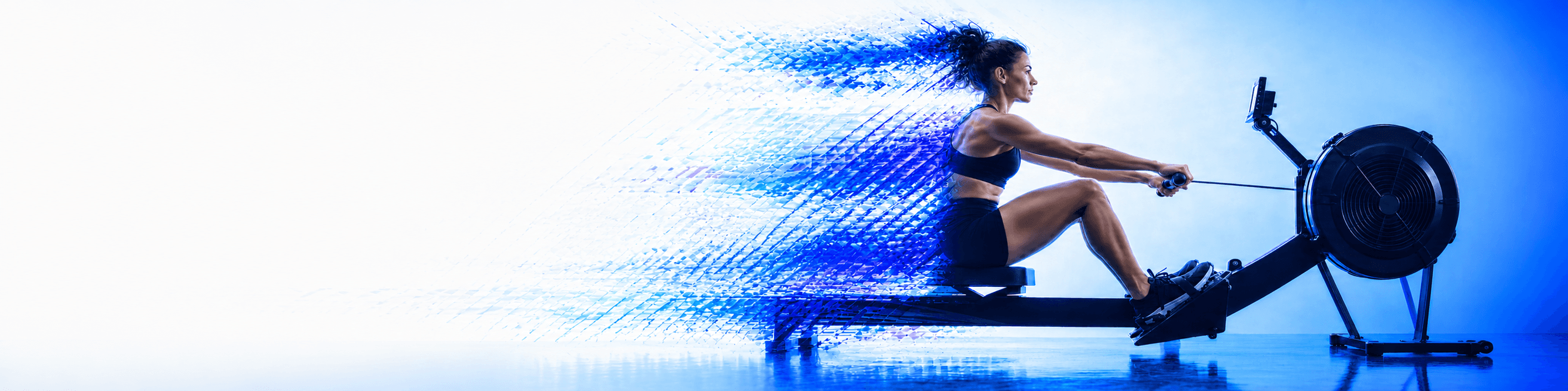 Athlete rowing through a blue fractured-motion effect