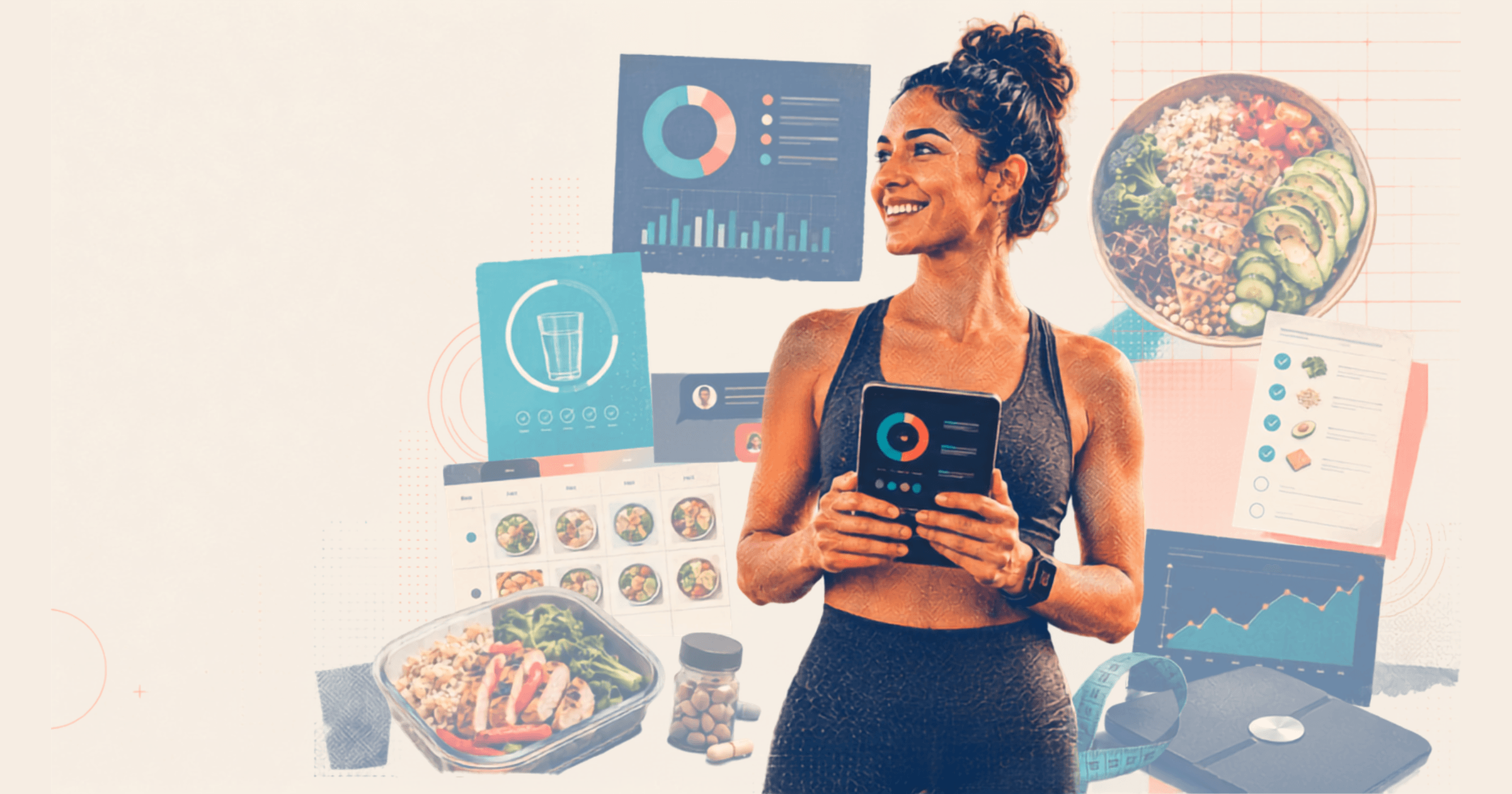 Woman holding a tablet in front of nutrition planning and progress tracking visuals