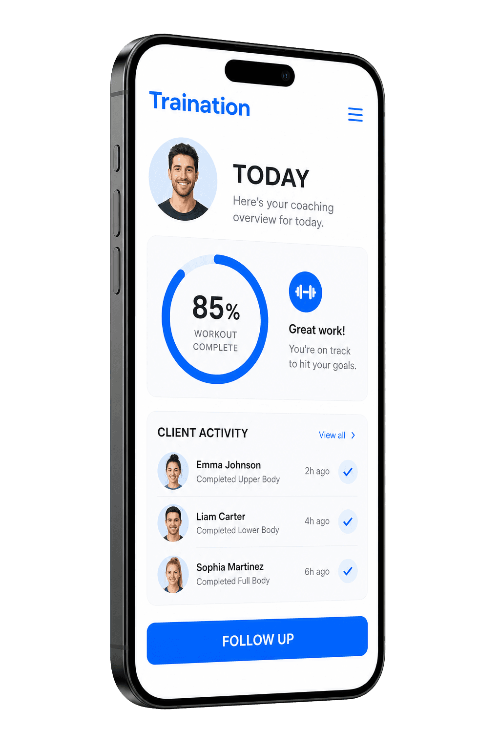 Traination mobile app mockup showing workout completion and recent client activity