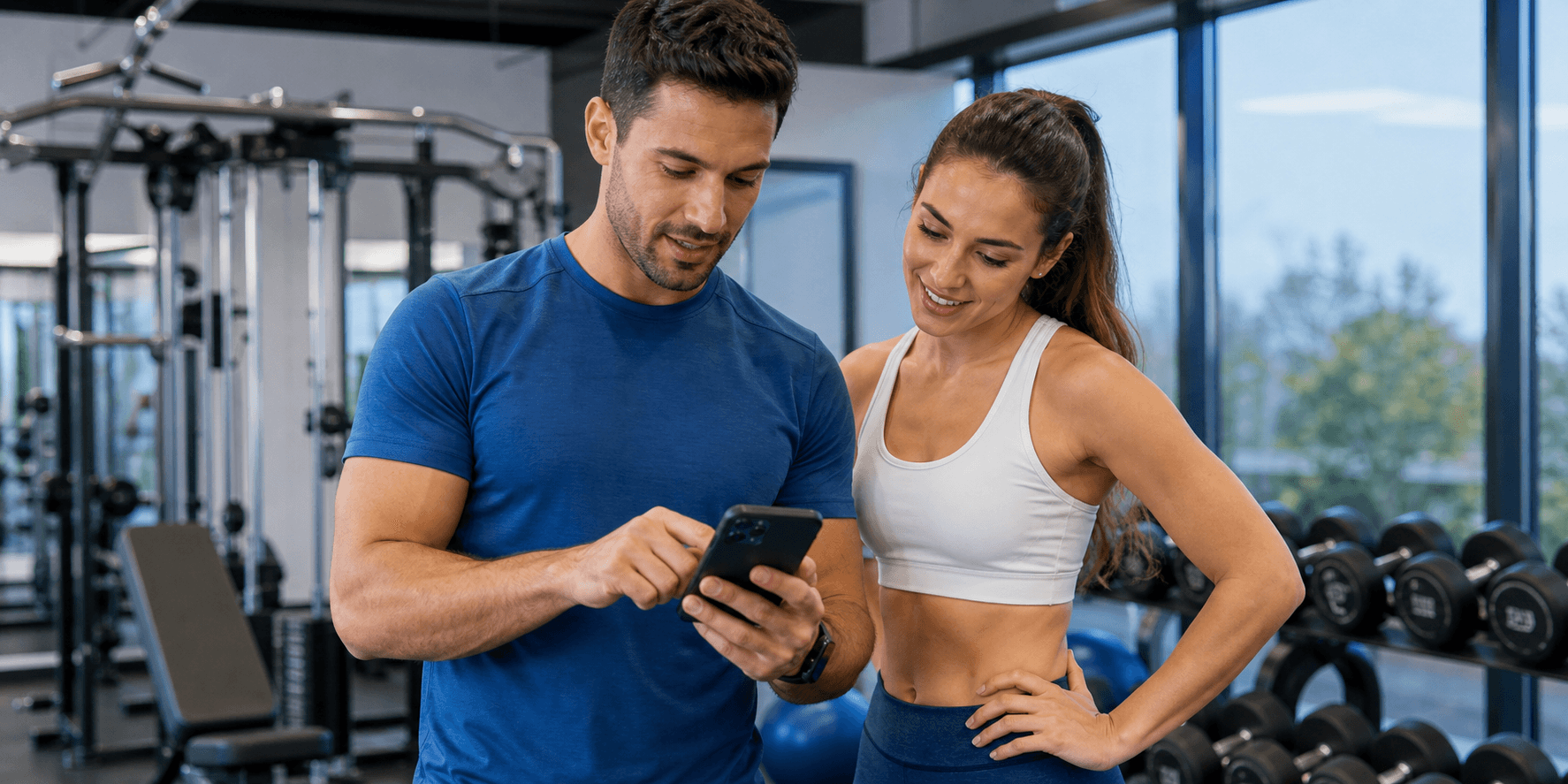 Trainer showing a workout on a smartphone to a client in the gym