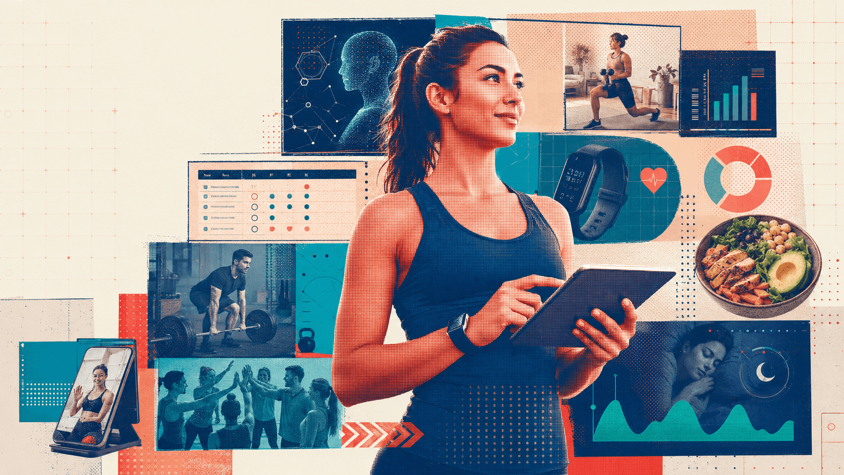 Trainer holding a tablet in front of workout, nutrition, and client progress visuals